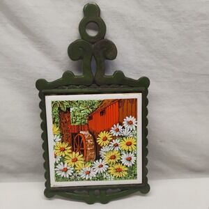 Vintage MCM Cherry Black Cast Iron Tile Trivet Water Wheel Daisies Retro Kitchen